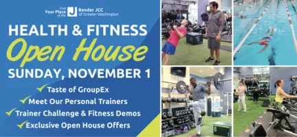 Bender JCC Rockville Health & Fitness Open House flyer for Sunday, November 1, showing activities including weightlifting, swimming, and personal training.