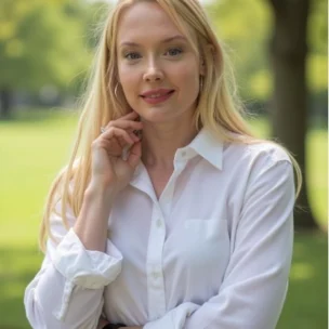 A blonde woman in a white button-down shirt poses outdoors in a park.