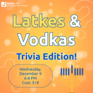 Event flyer for Bender JCC “Latkes & Vodkas Trivia Edition!” on Wednesday, December 9, from 6-8 PM for $18.