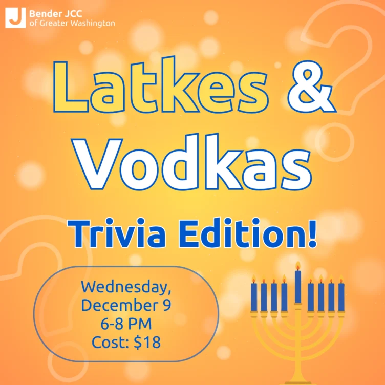 Event flyer for Bender JCC “Latkes & Vodkas Trivia Edition!” on Wednesday, December 9, from 6-8 PM for $18.