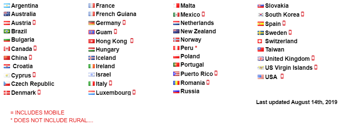 Unlimited long distance calling to Argentina, Australia, Austria (M), Brazil, Bulgaria, Canada (M), Chile, China (M), Costa Rica, Croatia, Cyprus (M), Czech Republic, Denmark (M), Finland (M), France, French Guiana, Germany (M), Guadeloupe (M), Guam (M), Hong Kong, Hungary, Iceland, Ireland, Israel, Italy (M), Kazakhstan, Luxembourg (M), Malta, Martinique (French Antilles) (M), Mexico (M), Netherlands, New Zealand, Norway, Peru* (M), Poland, Portugal, Puerto Rico, Romania (M), Russia, Slovakia, South Africa, South Korea (M), Spain (M), Sweden (M), Switzerland, Taiwan, Thailand (M), United Kingdom (M), US Virgin Islands (M), USA (M)