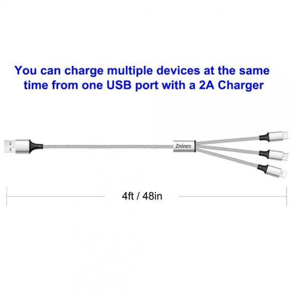 3-in-1 2.1A IOS Lightning / Type C / Micro V8V9 USB Cable 4FT (Silver) - Image 4