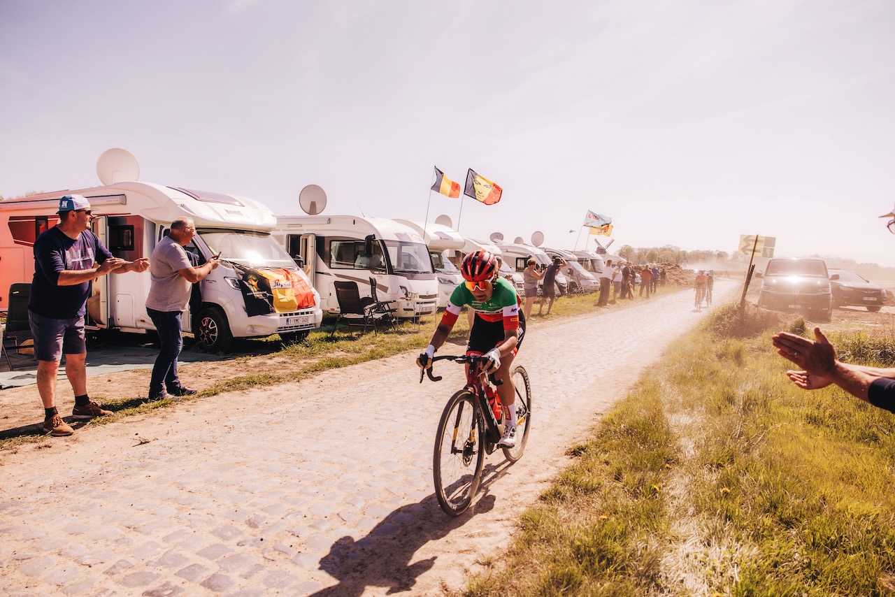 Trek Domane 2023 Paris Roubaix on the cobbles