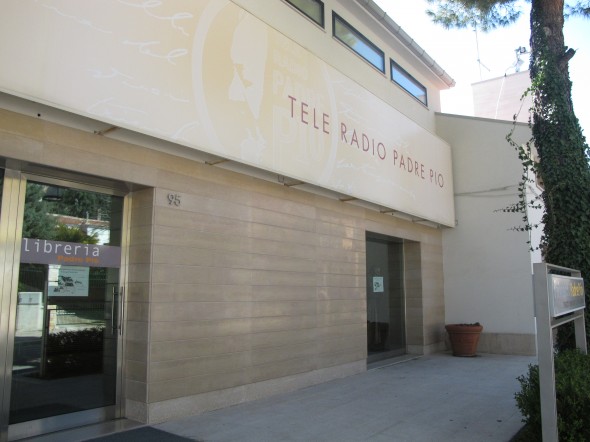 The entrance of Tele Radio Padre Pio in San Giovanni Rotondo. | Photo by Anne Cohen.