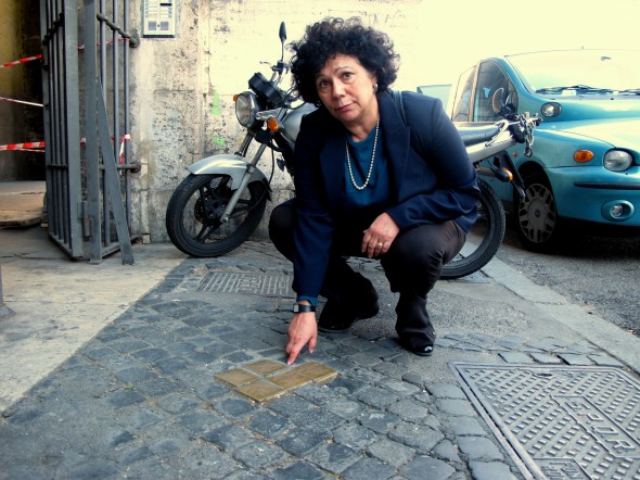 Sira Fatucci points to the five stolpersteine she had commissioned for members of her father's family. | Photo by Aby Sam Thomas.