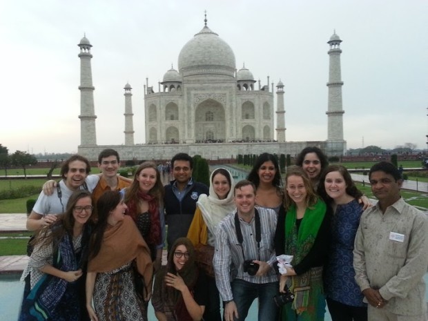 India Yatra reporters with their instructor and fixer at the Taj Mahal near Agra, India.  Photo by Sam Steinberger. 