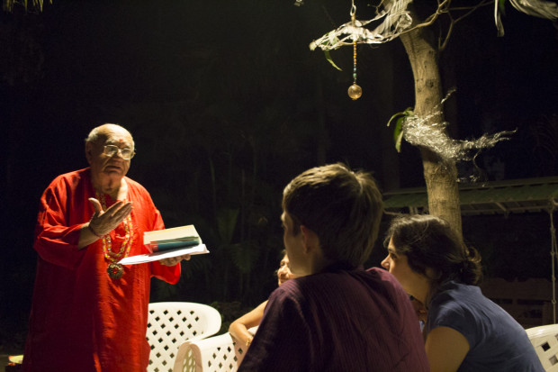 Mr. Bejan Daruwalla (left), a respected member of the Parsi community who is a famous astrologer, shares stories from the Parsi's longer history in Gujarat. 