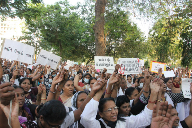 Protestors gathered at a rally at Sardar Baug in Ahemdabad, Gujurat, following the gang-rape of a nun in Kolkata, West Bengal. Photo by Arielle Dreher.