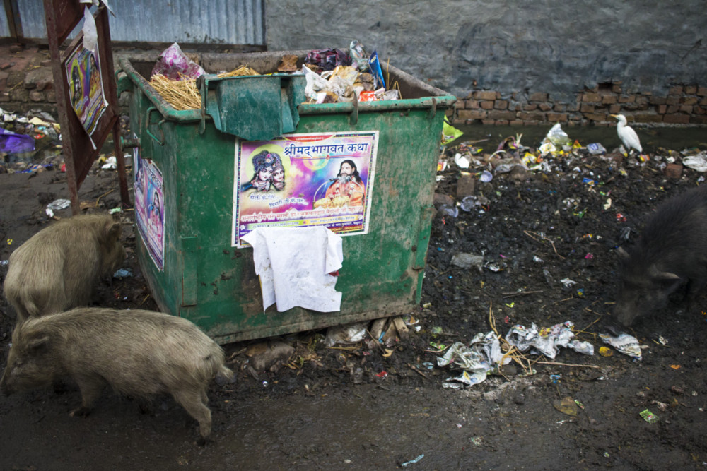 A poster features Krishna and a guru was posted on a trash can in Vrindavan.