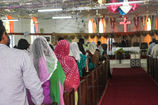 Christians gather on Sunday morning at the Church of North India in Ahmedabad. Photo by Rachel Lowry.