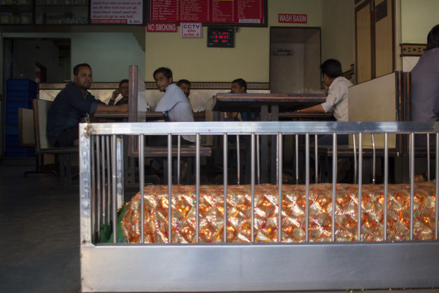 Many customers hanging out in the restaurant don't seem to mind the caskets around them.