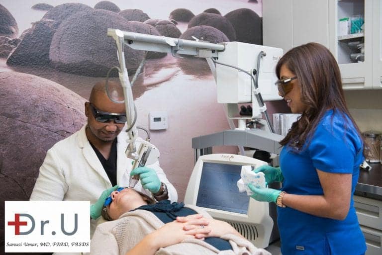 Dr. Umar chose the Fraxel Dual laser, as well as the Spectra laser, to treat the patient's age spots on face. Both lasers are noted for their gentle yet powerful, targeted treatments. 