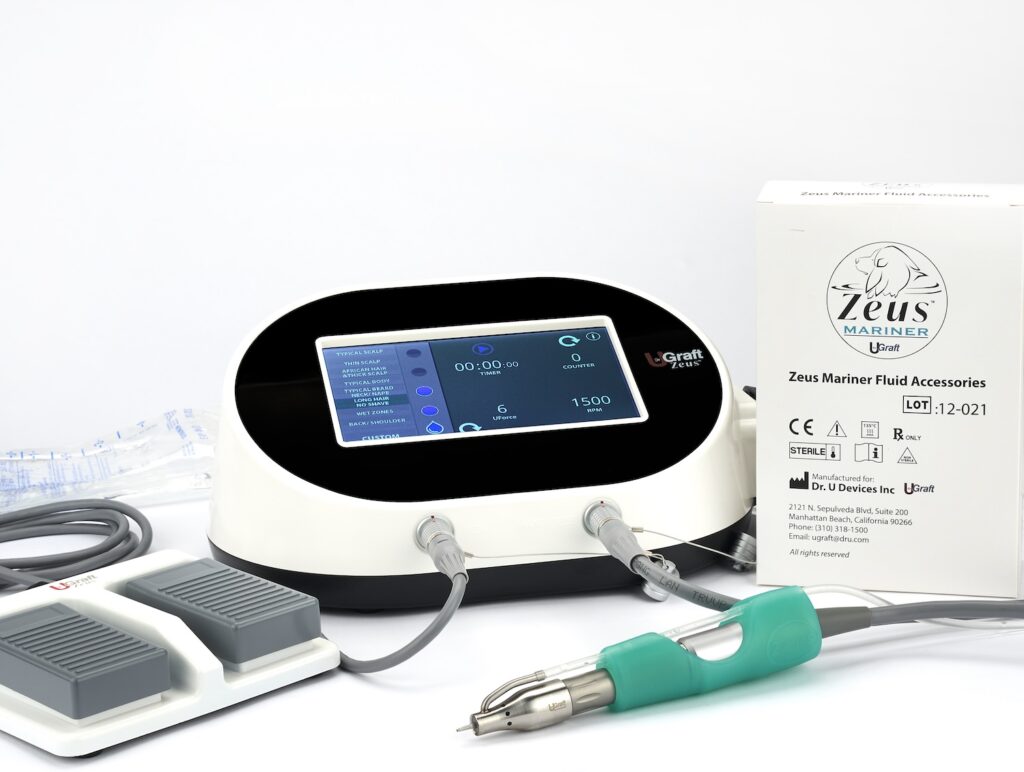 Dr. UGraft Zeus hair transplant device with Intelligent Punch designed for Afro textured hair FUE surgery.
