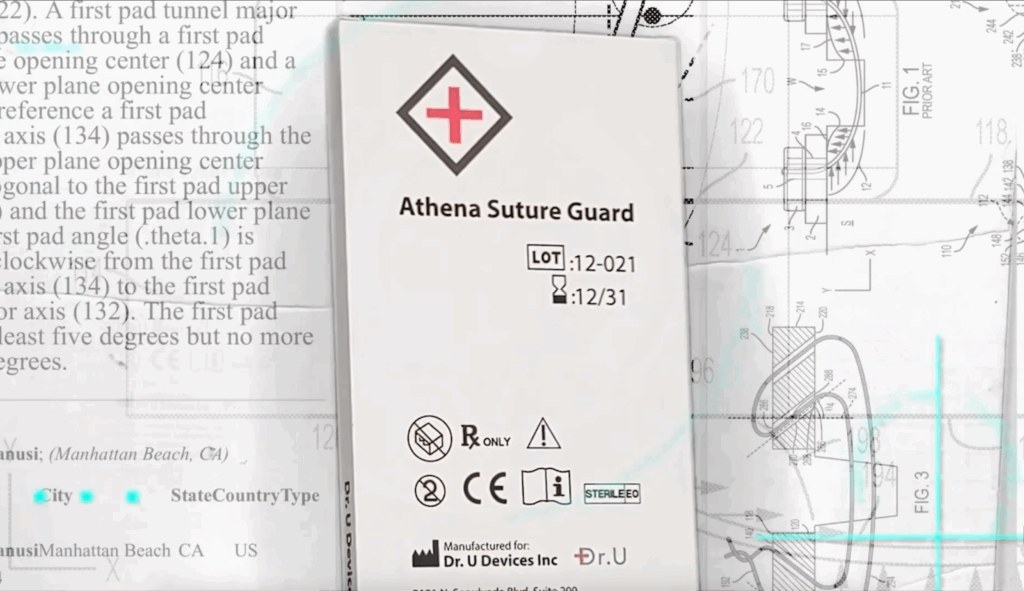 The image shows a medical packaging for "Athena Suture Guard" with a red cross logo. This suture kit is specifically designed by Dr. Umar for scalp surgeries.