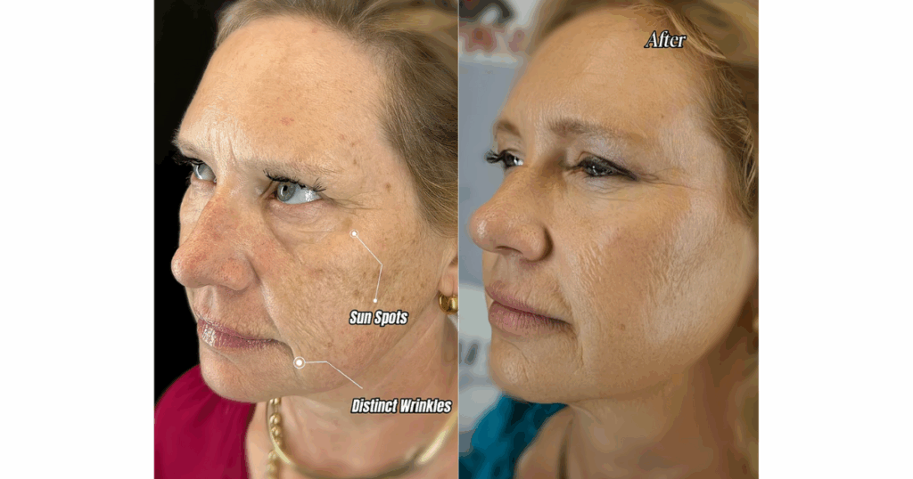 Before and after Karen’s skin rejuvenation. Sun spots and deep wrinkles have been erased and smoothened for a more youthful look.