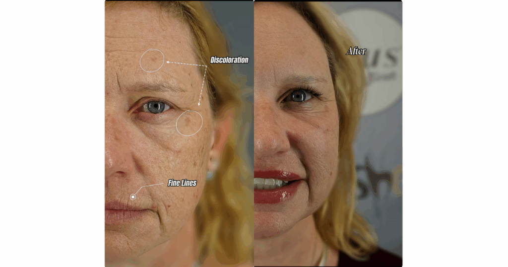 Before and after Karen’s skin rejuvenation. Fine lines and deep wrinkles are less visible thanks to Dr. Umar’s custom treatment plan.