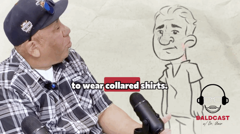  Collared shirts are what helped Robert to hide the first physical symptoms of his hairline bumps.