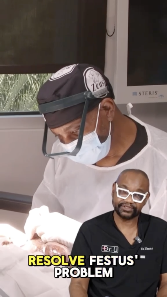 Masked clinician wearing protective eyewear during a procedure, with Dr. U speaking in the foreground.