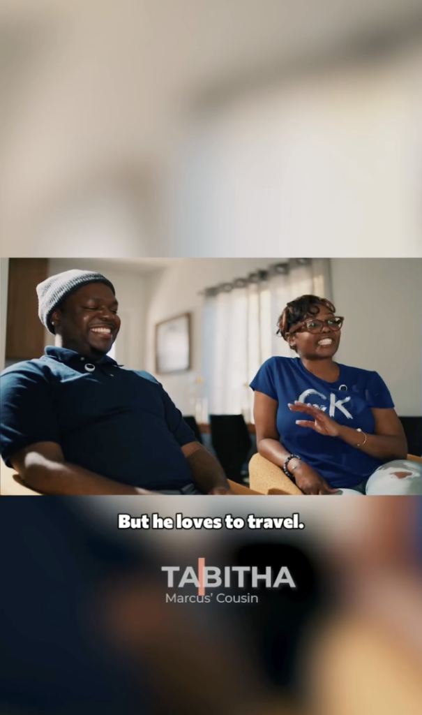 Marcus and Tabitha seated together indoors, smiling during an interview segment.