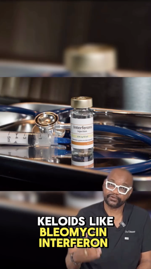 Medical vial labeled Interferons Injection beside a syringe and stethoscope, with Dr. Umar shown below.