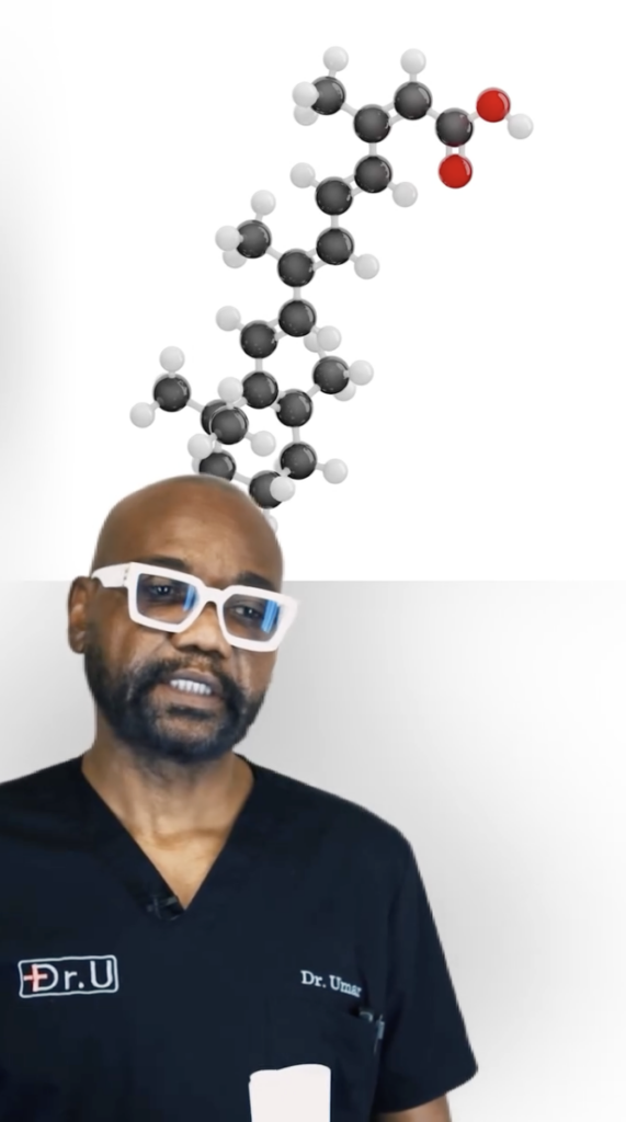 Dr. Sanusi Umar wearing black medical scrubs and white glasses beneath a molecular graphic on a white background.