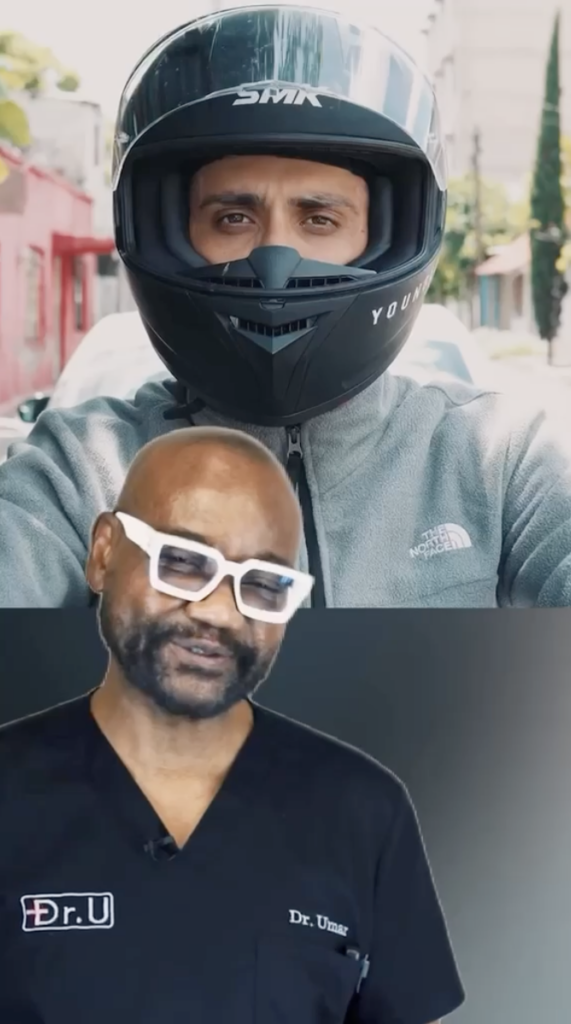 Split-screen image with a helmeted man above Dr. Umar wearing white glasses and black scrubs.