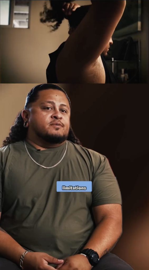 Split-screen video frame showing the back of a man’s head above Juan seated for an interview.