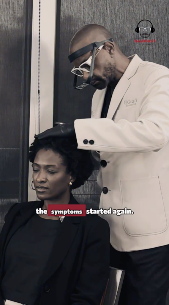 Dr. Sanusi Umar wearing examination glasses and gloves while examining a seated woman’s scalp.
