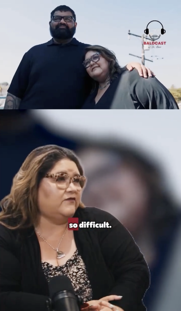A two-panel Baldcast image showing John and Cheyenne standing together above Cheyenne speaking into a microphone.