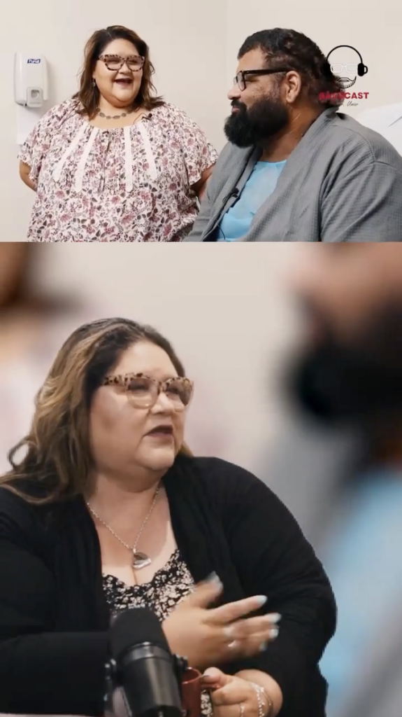 A two-panel Baldcast frame showing Cheyenne beside John in a clinical room and Cheyenne speaking at a microphone.
