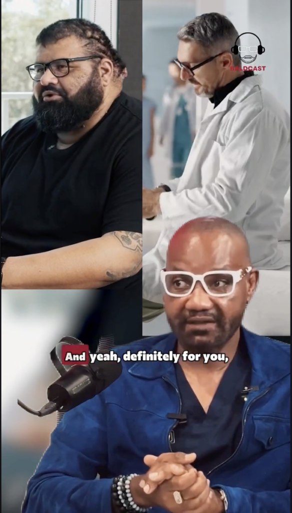 Dr. Umar wearing white glasses and a blue jacket while speaking into a microphone, alongside an interview image and a doctor illustration.