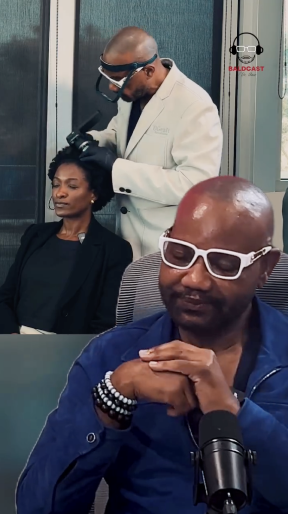 A clinician wearing white glasses and a light jacket examining a seated woman’s hair, above a studio image of a man speaking into a microphone.