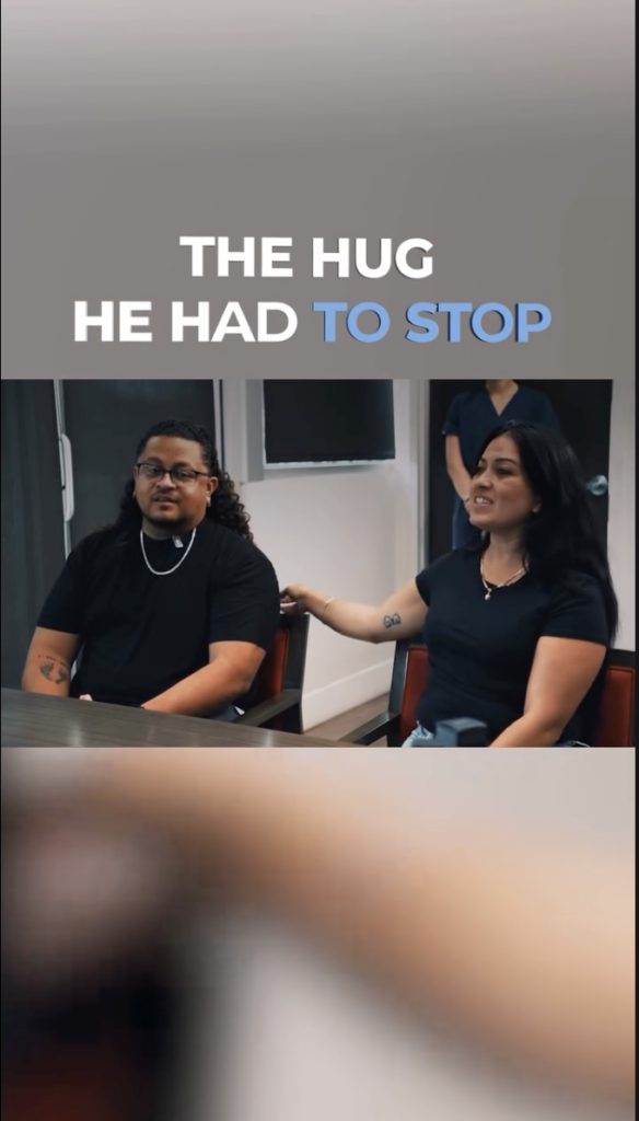 Split video frame with Juan and a woman seated beside each other beneath the words The Hug He Had to Stop.