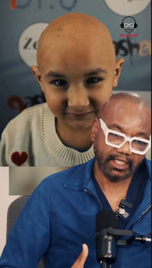 Video composition with a close-up of a child in a light sweater and Dr. Umar in white glasses speaking below.