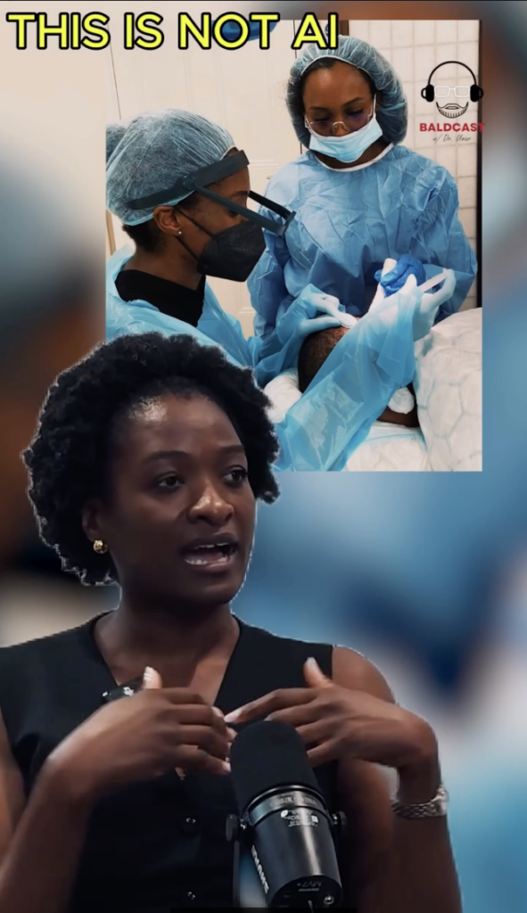 Woman speaking into a microphone below an inset showing two masked people in blue medical gowns.