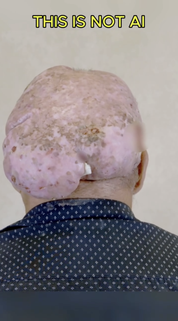 Rear view of a man’s head with raised pink areas across the scalp and neck, beneath the words “THIS IS NOT AI.”