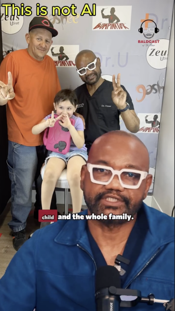 Two adults and a child posing together above Dr. Umar speaking in white glasses.