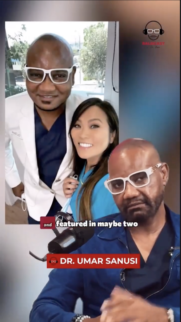 Dr. Umar in white glasses speaking into a microphone, with an inset photo of him standing beside a woman in blue medical attire.
