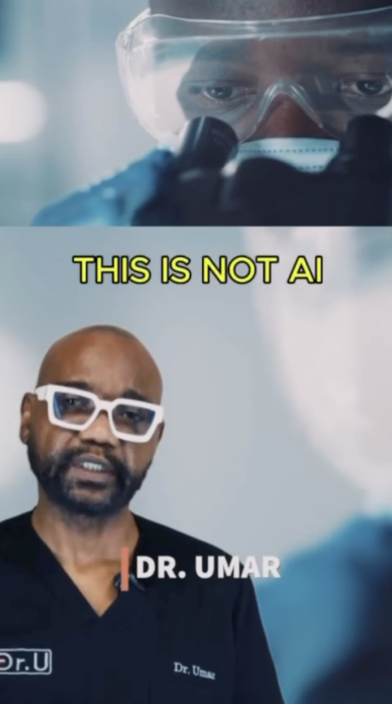 Close-up of a person in protective eyewear and a mask above a portrait of Dr. Umar wearing white glasses and dark scrubs.