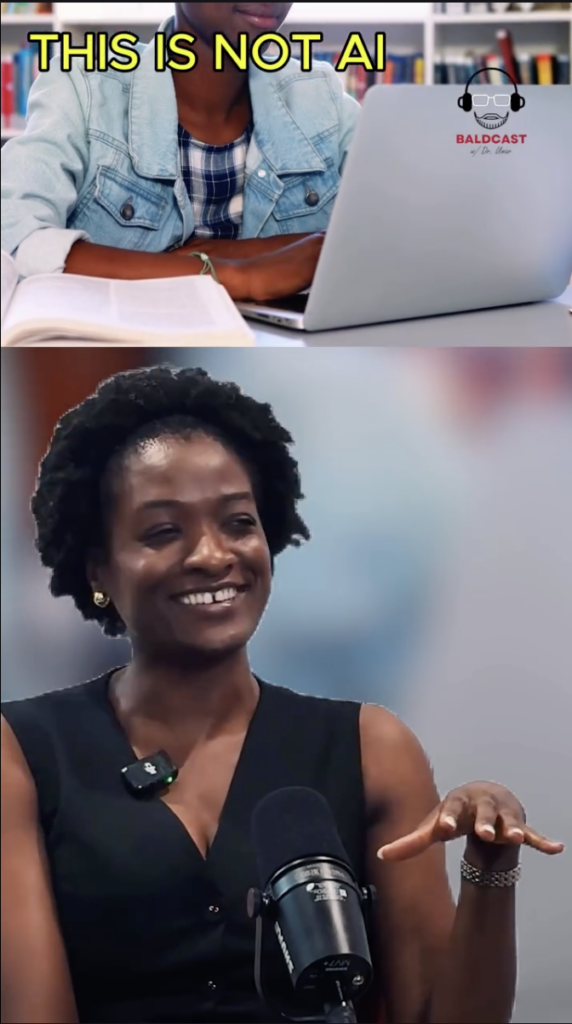 Split-screen image showing a person at a laptop above a woman speaking into a microphone.