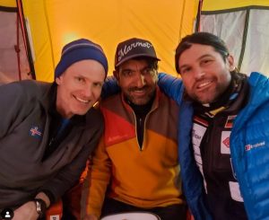 Close shot of hree mountaineers inside a tent in K2 Base Camp.
