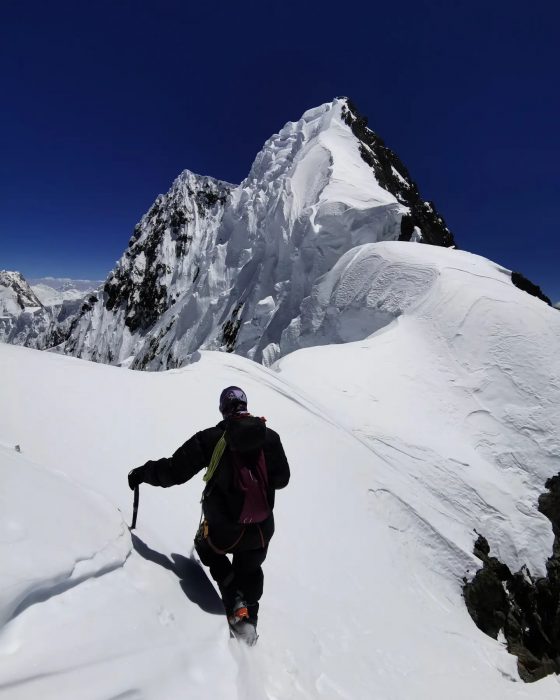 French climber Nicolas Jean on the summit ridge of Broad Peak.
