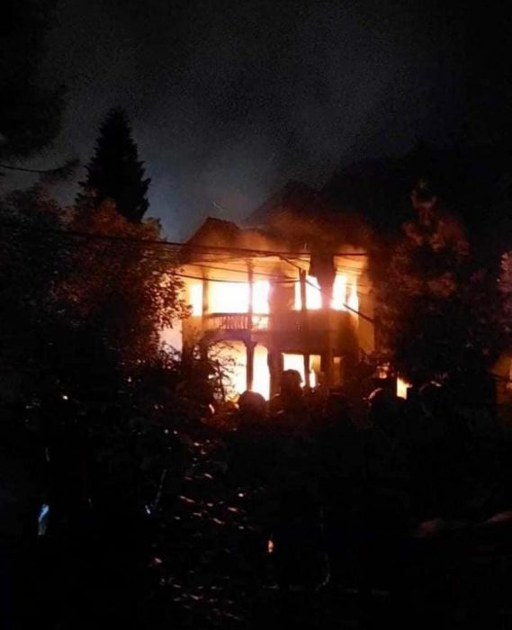 burning building in the dark