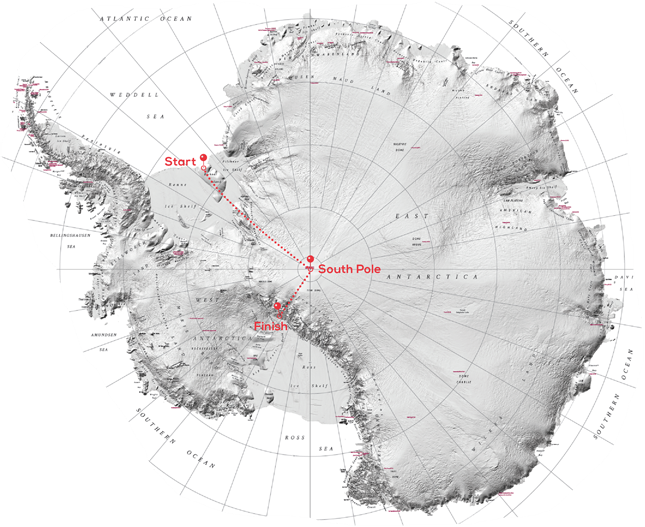 Mapa de la Antártida que muestra una línea de ruta desde la isla Berkner hasta el Polo Sur y la plataforma de hielo de Ross.