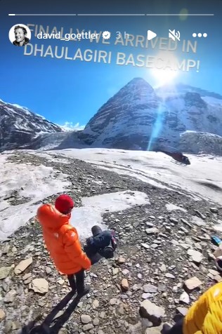 IG story with Goettler and Barmasse on the rocky Dhaulgiri BC location, the mountain in background.