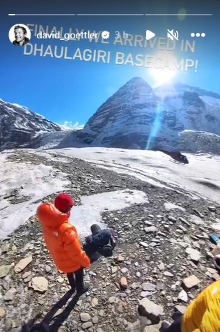 IG story with Goettler and Barmasse on the rocky Dhaulgiri BC location, the mountain in background. 