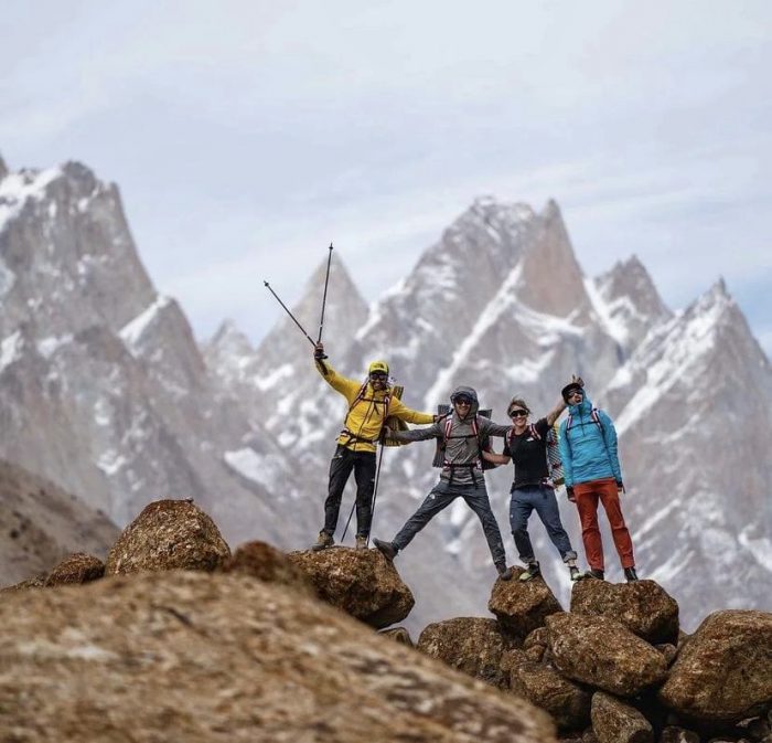 The Pou brothers, Fay Manners and Andres Marin close to the base camp of the Trango Towers.