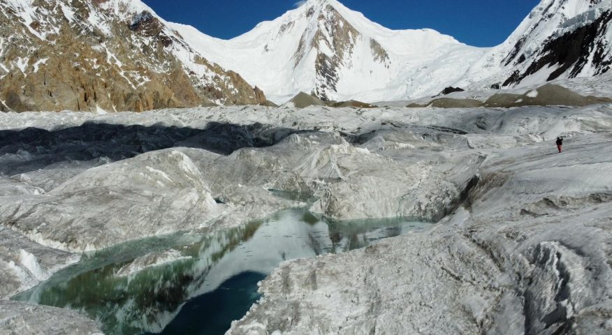 Gasherbrum I in the distance, with the broken glacier in front.