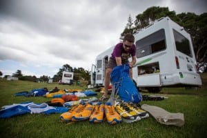Jez Bragg sorting gear - Te Araroa Trail expedition