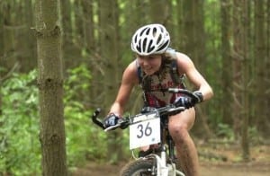 Tina en route to winning a 24-hour mountain bike race in 2007.